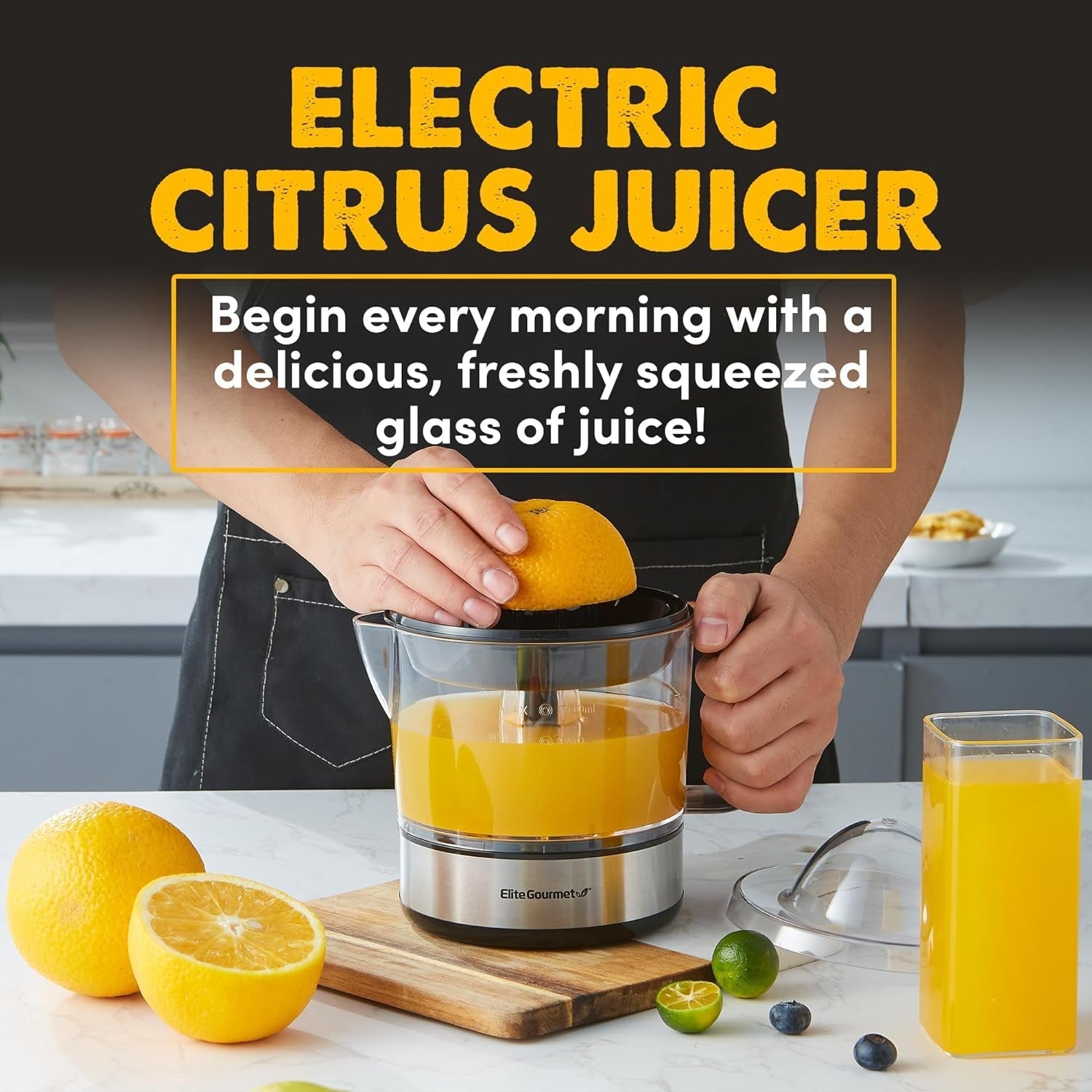 ETS623 BPA-Free Electric Citrus Juicer, Compact, Large Volume, Pulp Control, Oranges, Lemons, Limes, Grapefruits with Easy Pour Spout, 24oz, Black/Stainless Steel