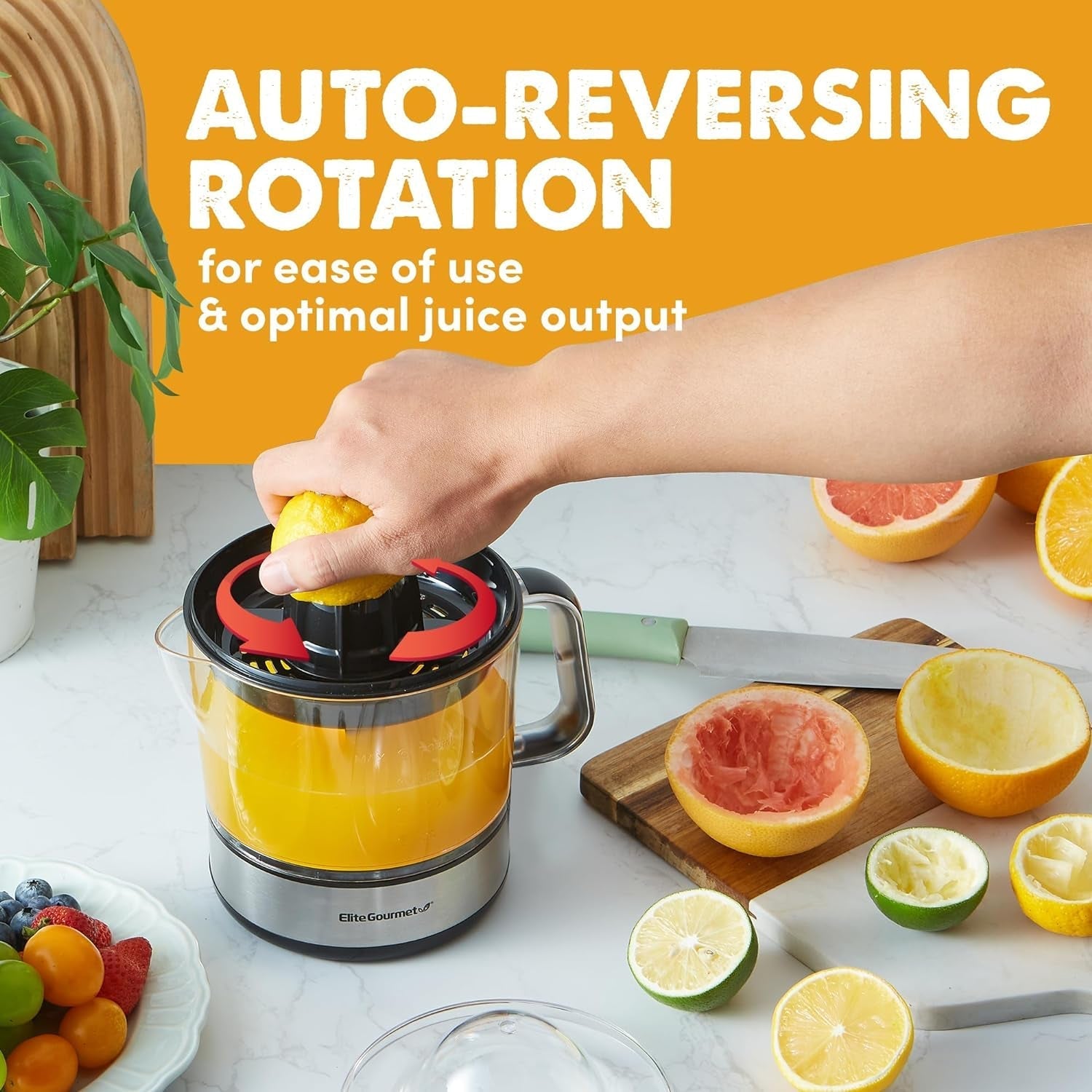 ETS623 BPA-Free Electric Citrus Juicer, Compact, Large Volume, Pulp Control, Oranges, Lemons, Limes, Grapefruits with Easy Pour Spout, 24oz, Black/Stainless Steel
