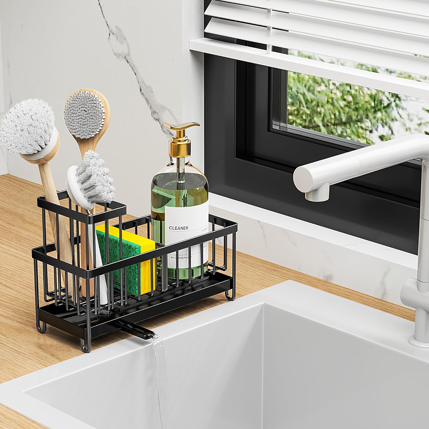 Cisily Black Sponge Holder for Kitchen Sink, Sink Caddy Organizer