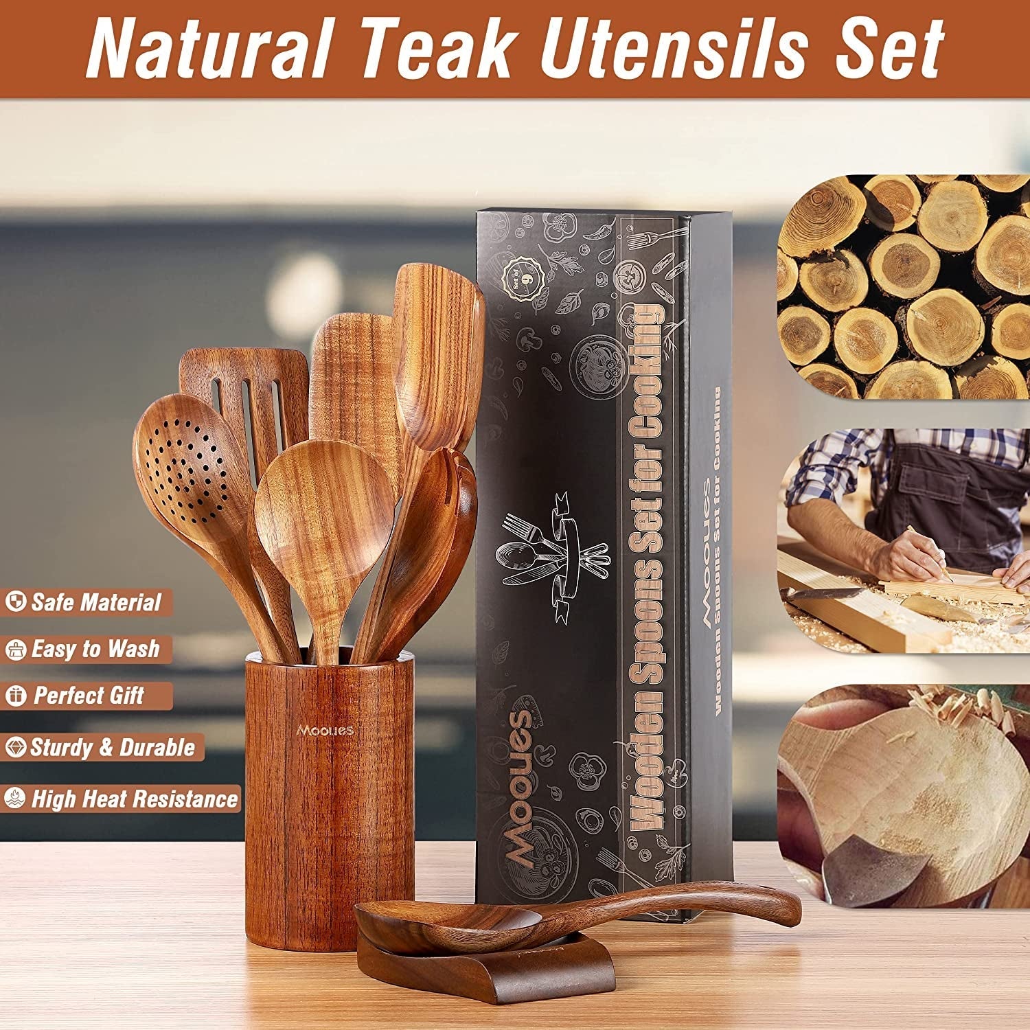 9 Piece Natural Teak Wooden Kitchen Utensil Set with Spoon Rest - Comfort Grip Cooking Spoons and Utensils Holder