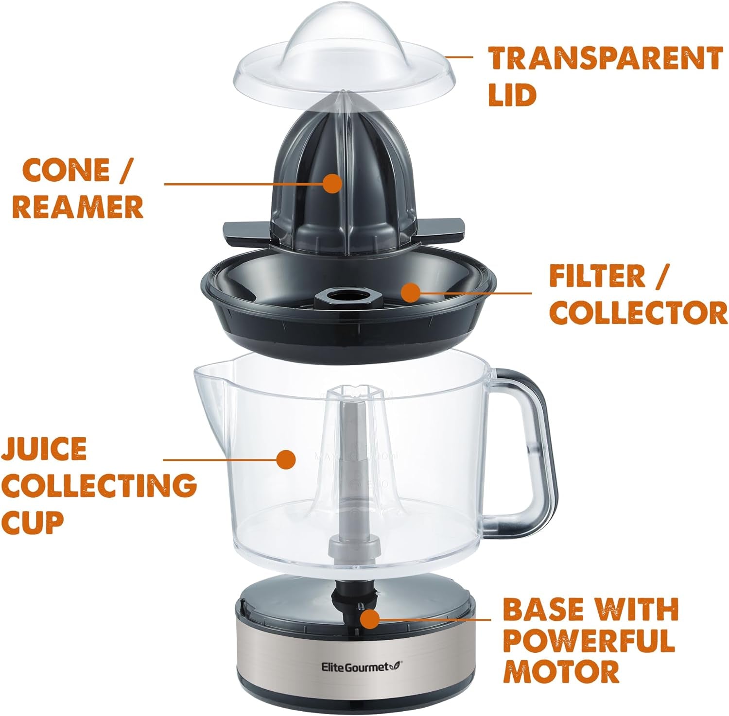 ETS623 BPA-Free Electric Citrus Juicer, Compact, Large Volume, Pulp Control, Oranges, Lemons, Limes, Grapefruits with Easy Pour Spout, 24oz, Black/Stainless Steel