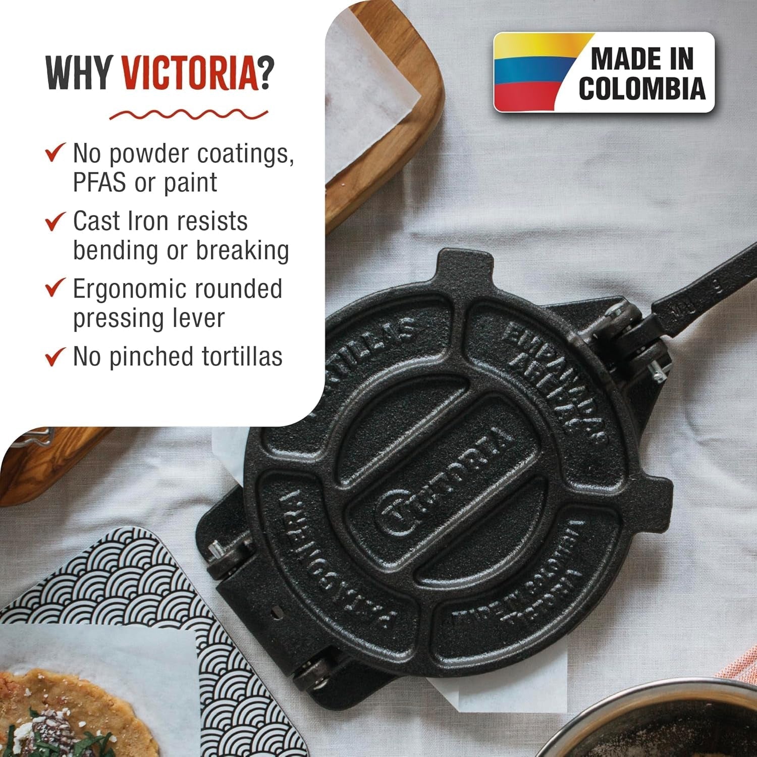 8 Inches Cast Iron Tortilla Press, Roti Maker and Tortilladora, Pataconera Seasoned with Flaxseed Oil, Made in Colombia