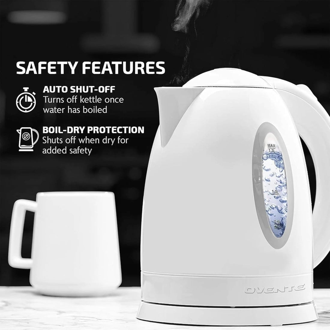 Electric Kettle, 1.7L Fast Boiling Water Heater for Coffee or Tea, BPA Free with Water Level Gauge, Auto Shut-Off, Boil-Dry Protection, Indicator Light and Removable Filter, White KP72W